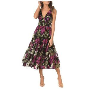 NWT DRESS THE POPULATION PAULETTE EMBROIDERED FIT & FLARE MIDI DRESS SIZE XS